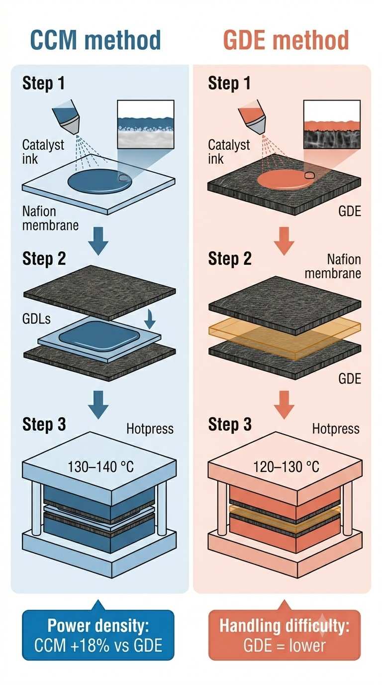 Exploded diagram of a five-layer membrane electrode assembly (MEA) showing anode GDL, anode catalyst layer, Nafion membrane, cathode catalyst layer, and cathode GDL with their respective thicknesses and functions.