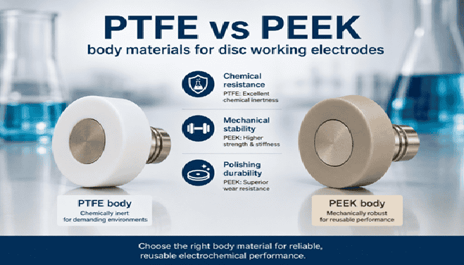 Comparison infographic of PTFE vs PEEK body materials for disc  working electrodes, highlighting three key differences: chemical  resistance, mechanical  stability, and  polishing durability, with  product images of a white PTFE body electrode and a beige PEEK  body electrode.