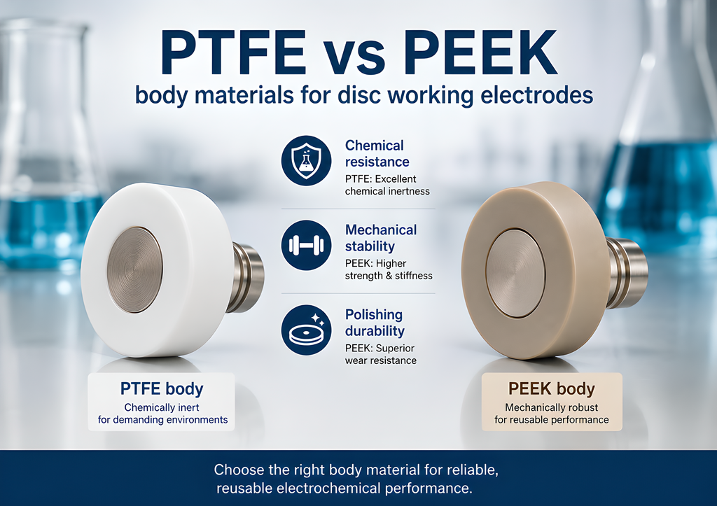 PTFE_vs_PEEK.png Comparison infographic of PTFE vs PEEK body materials for disc working electrodes, highlighting three key differences: chemical resistance, mechanical stability, and polishing durability, with product images of a white PTFE body electrode and a beige PEEK body electrode.