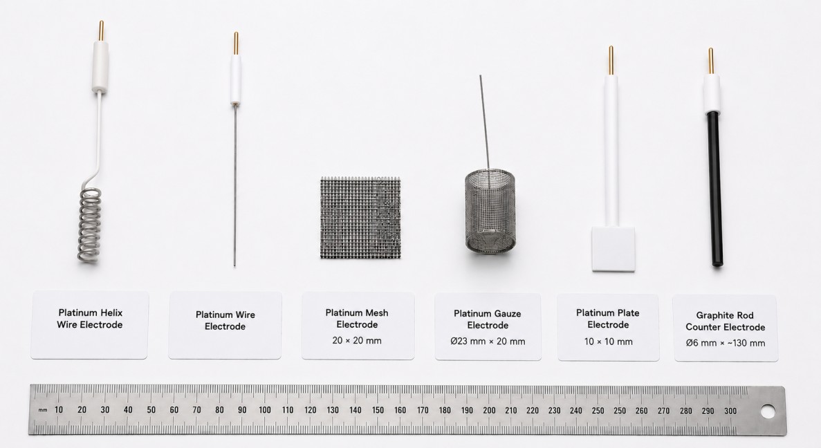 Five counter electrode formats shown side by side: platinum helix wire, platinum wire, platinum mesh, platinum gauze, and graphite rod, with labelled specimen cards and ruler for scale.