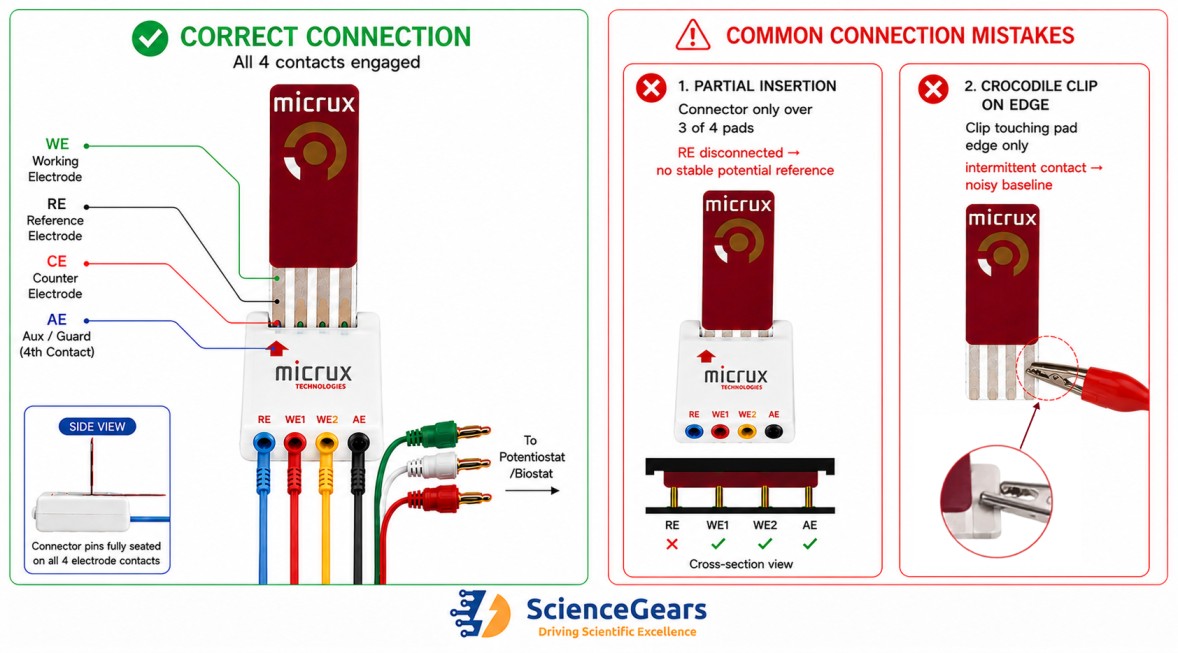 Group 146.jpg Screen-printed electrode (SPE) connection guide showing the correct connector setup and common mistakes such as partial insertion, inverted electrode orientation, and improper crocodile clip placement.