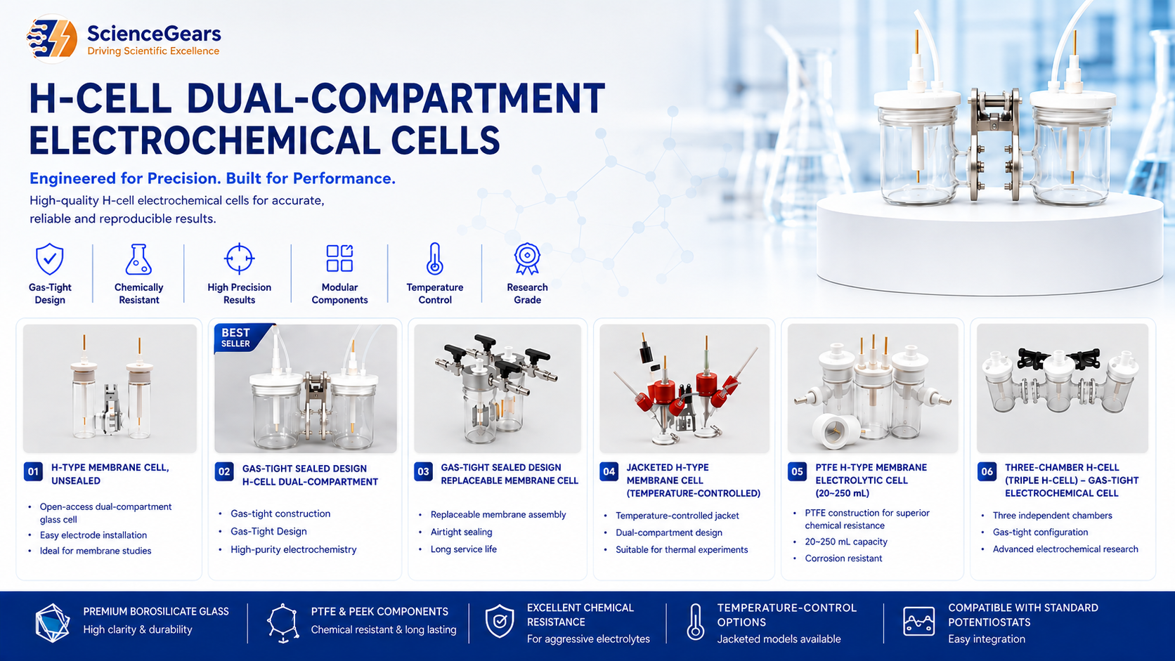 ScienceGears H-Cell Electrochemical Solutions.png H-cell dual-compartment electrochemical cell configuration for anodic and cathodic product separation