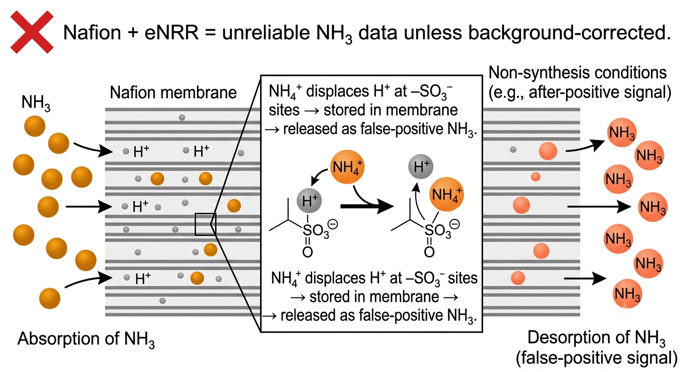 Diagram showing how NH₃ is adsorbed into Nafion membrane sulphonate sites during eNRR experiments and subsequently desorbed as a false-positive signal under non-synthesis conditions