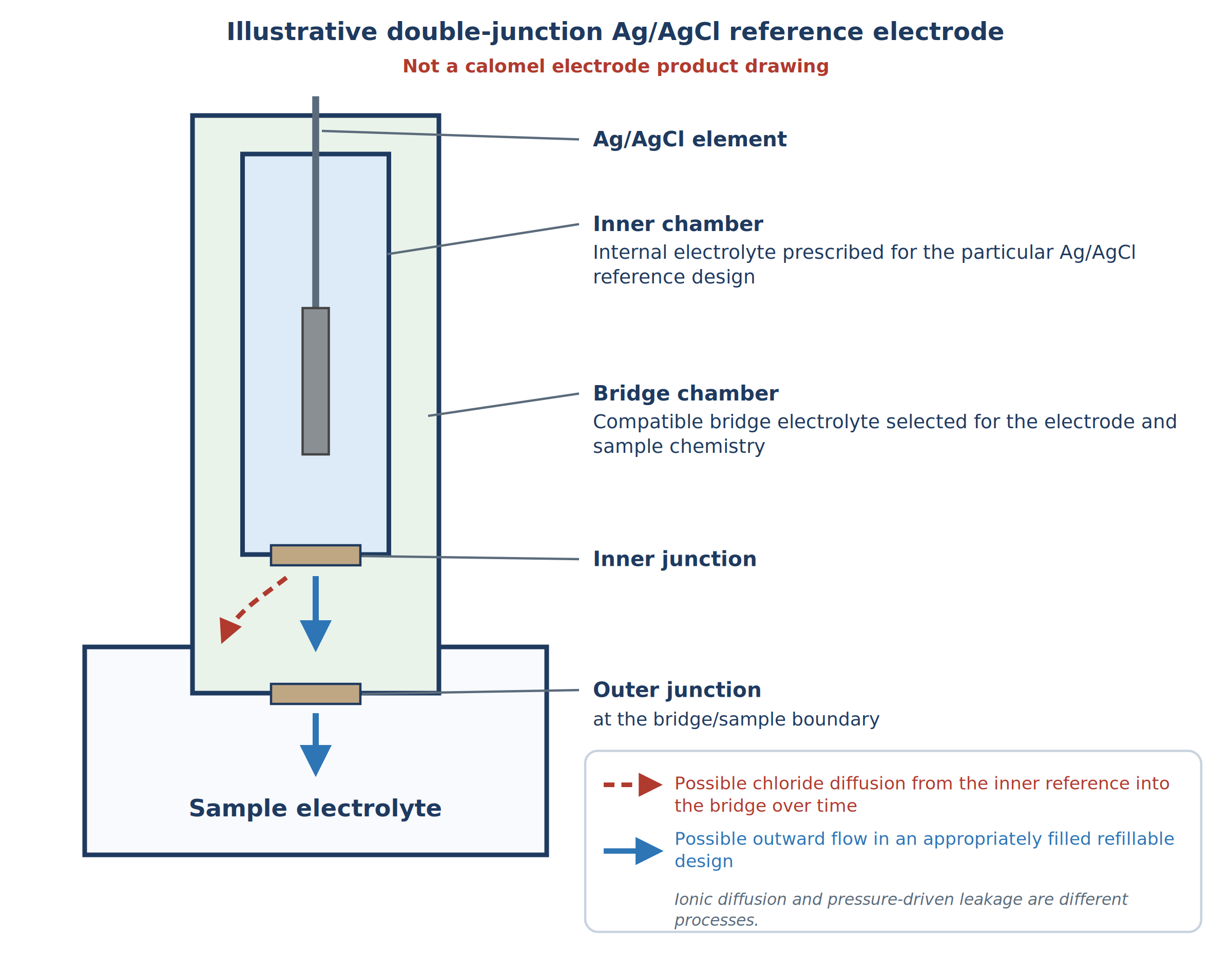 Schematic double-junction silver/silver-chloride reference electrode with separate inner-reference and bridge chambers and possible chloride migration.