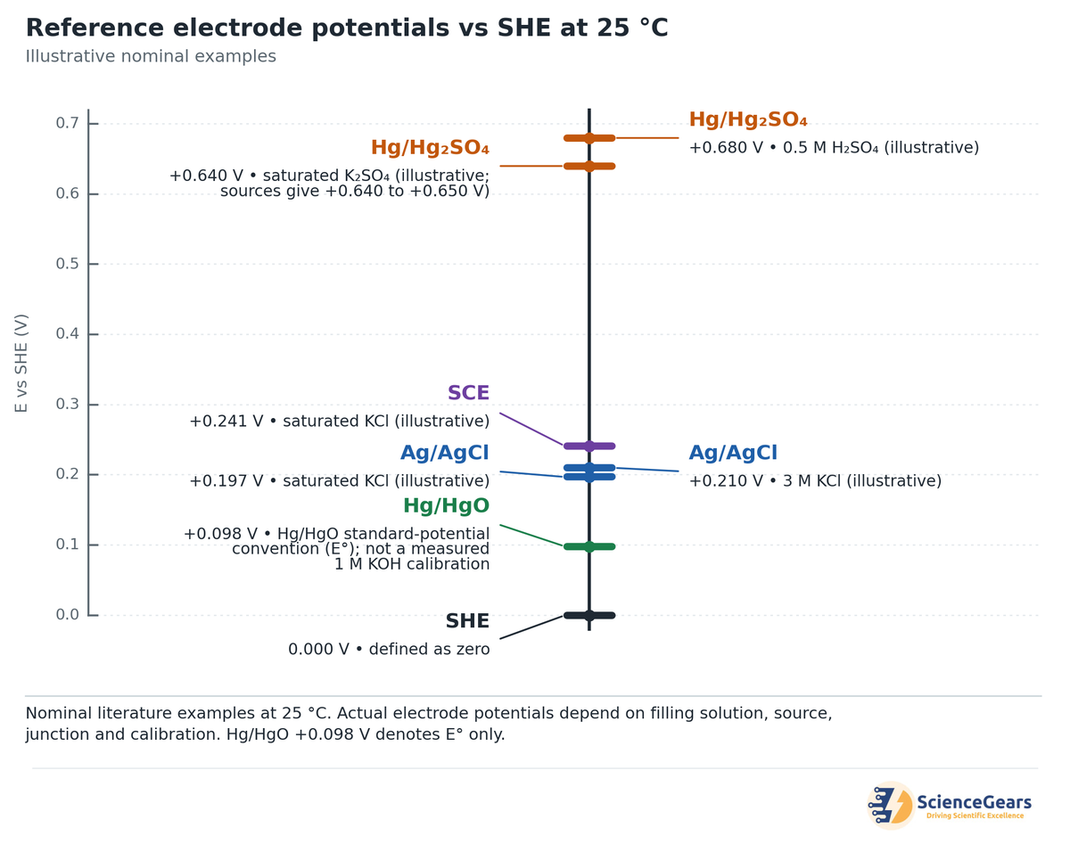 reference-electrode-potentials-vs-she-ladder (2).png llustrative ladder of nominal reference electrode potentials vs SHE at 25 °C: Ag/AgCl +0.197 V, SCE +0.241 V, Hg/Hg₂SO₄ +0.640 V, with Hg/HgO +0.098 V as the E° convention.