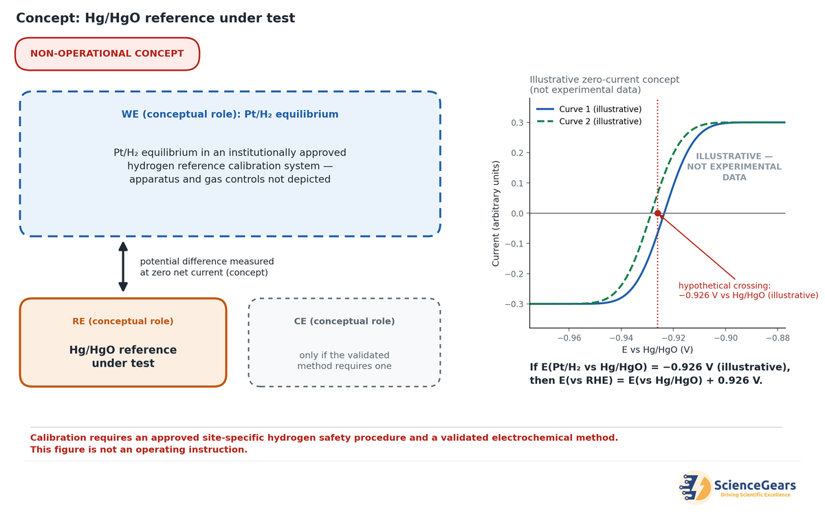 hg-hgo-rhe-calibration-cell-setup (2).png Non-operational concept diagram: a Pt/H₂ equilibrium measured against an Hg/HgO reference under test, with an illustrative zero-current crossing. Not an operating instruction.
