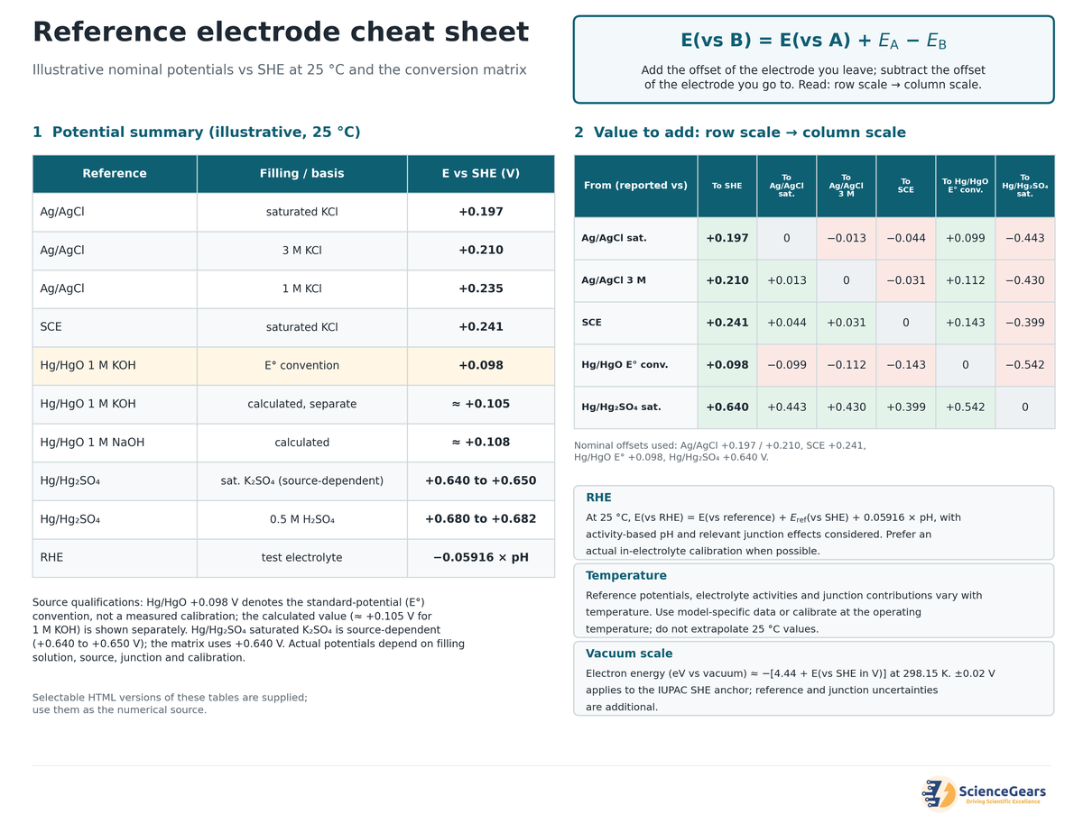 reference-electrode-cheat-sheet-conversion-table (2).png Printable reference electrode cheat sheet: nominal potentials vs SHE at 25 °C and a row-to-column conversion matrix for Ag/AgCl, SCE, Hg/HgO and Hg/Hg₂SO₄.