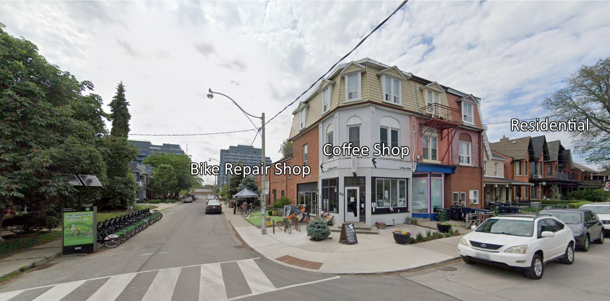 A bike repair and coffee shop, Fix Coffee + Bikes, in a residential neighbourhood in Toronto.