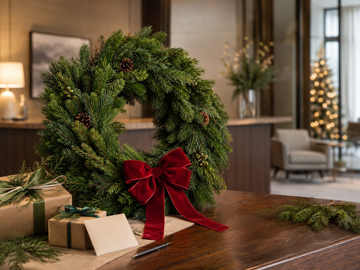 Client holiday gifts with fresh Maine balsam wreaths