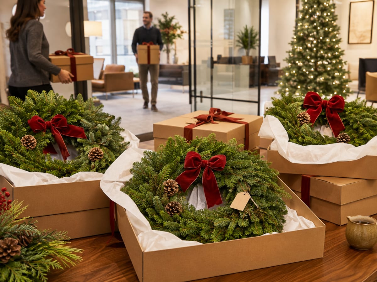 Fresh Maine balsam wreath for corporate employee gifts
