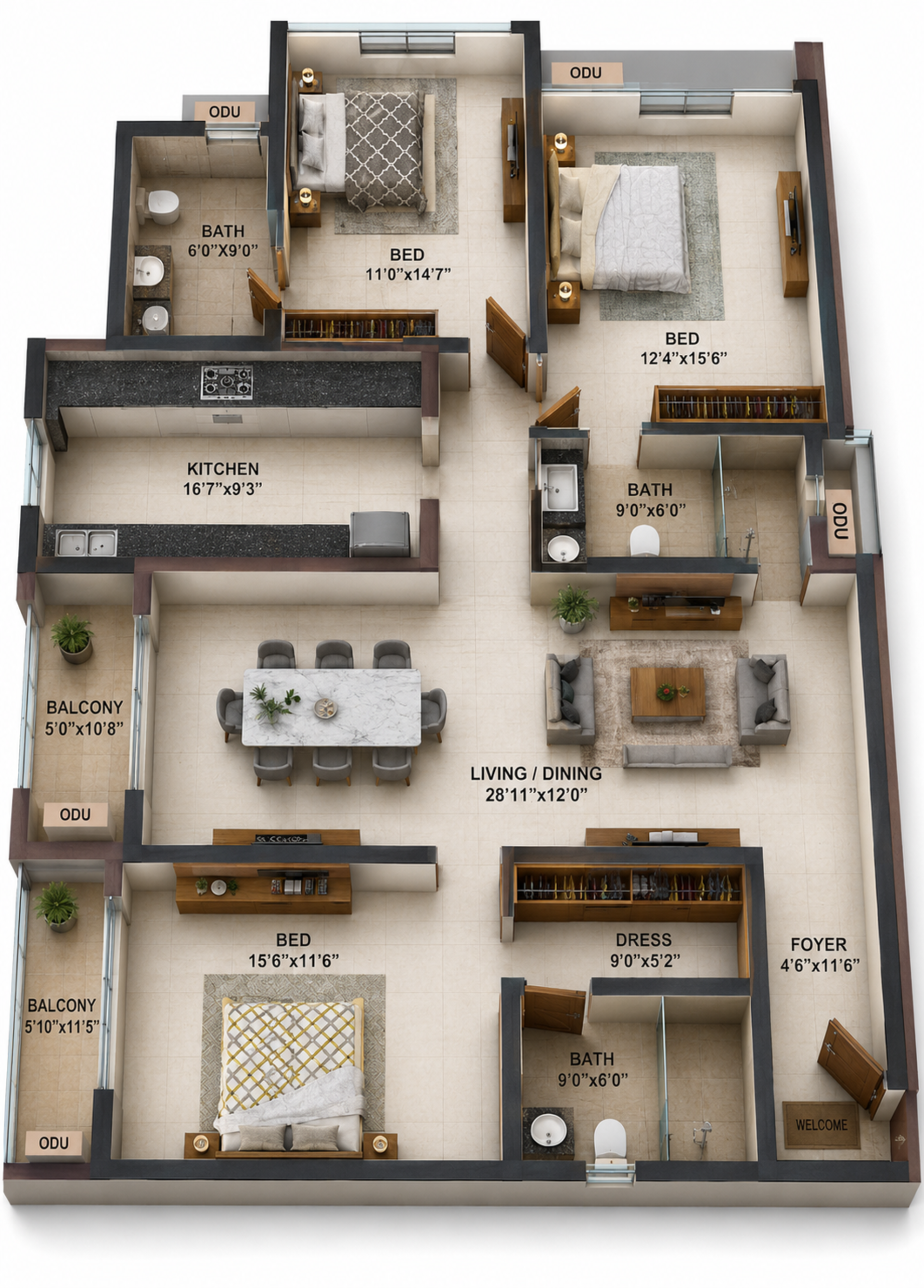 3BHK Apartment Floor Plan – Casagrand Dior