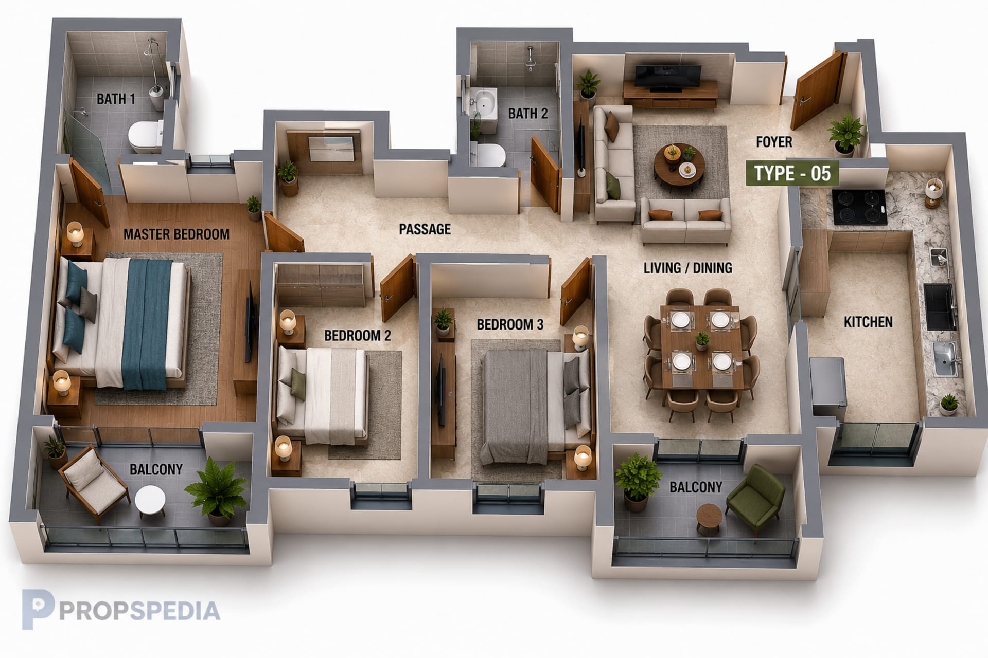 3 BHK Apartment floor plan