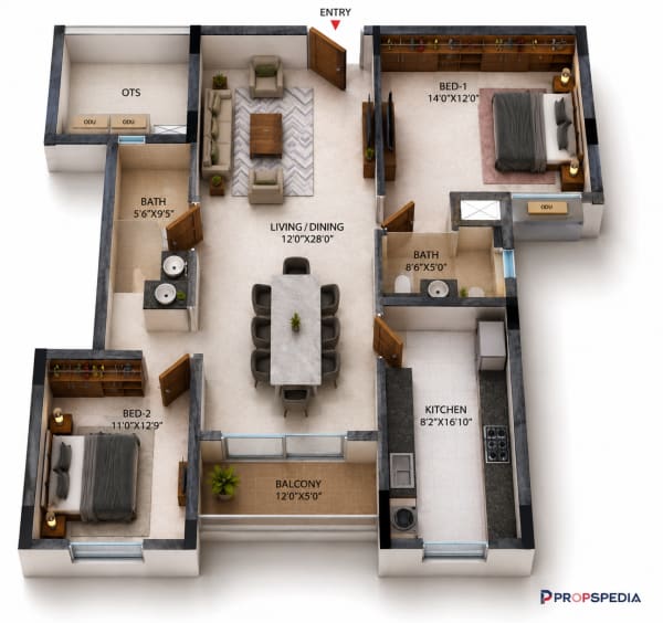 2 BHK Apartment floor plan