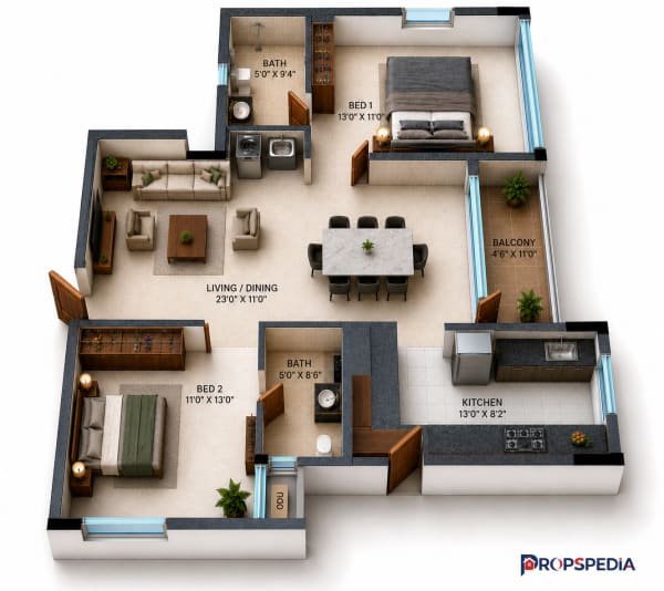 2 BHK Apartment floor plan