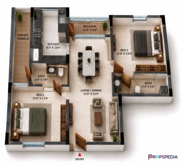 2 BHK Apartment floor plan