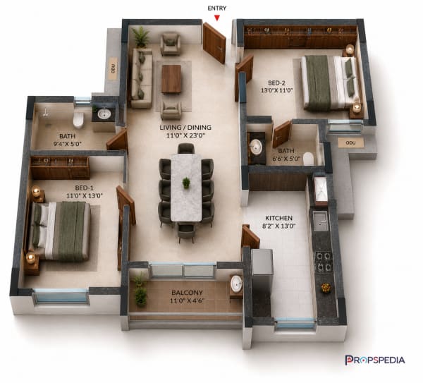 2 BHK Apartment floor plan