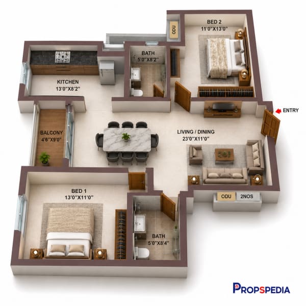 2 BHK Apartment floor plan