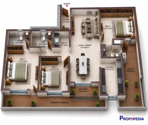 3 BHK Apartment floor plan — Casagrand Suncity
