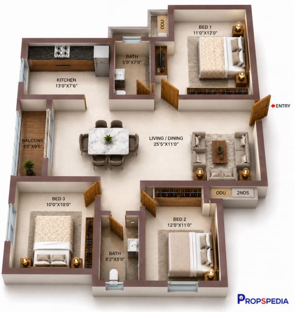 3 BHK Apartment floor plan — Casagrand Suncity