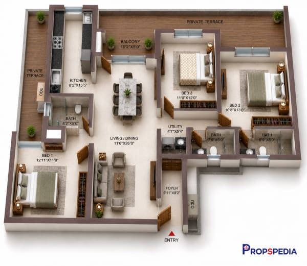 3 BHK Apartment floor plan — Casagrand Suncity