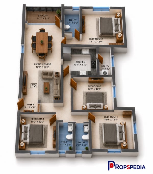 4 BHK Apartment floor plan — Navins Mayura Gardens