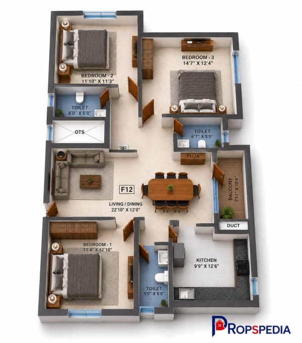 3 BHK Apartment floor plan — Navins Mayura Gardens