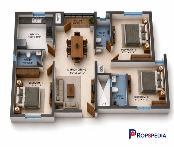 3 BHK Apartment floor plan — Navins Mayura Gardens