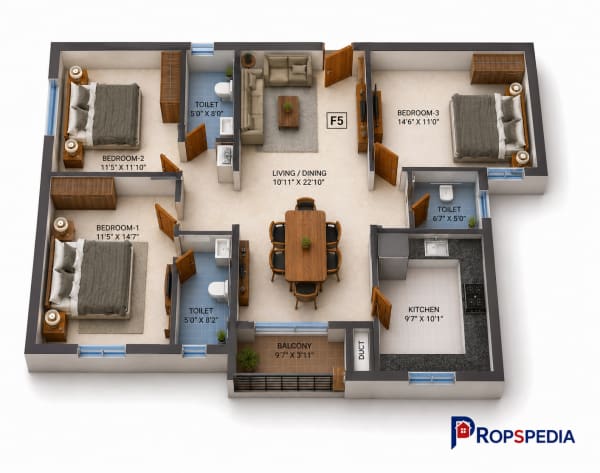 3 BHK Apartment floor plan — Navins Mayura Gardens