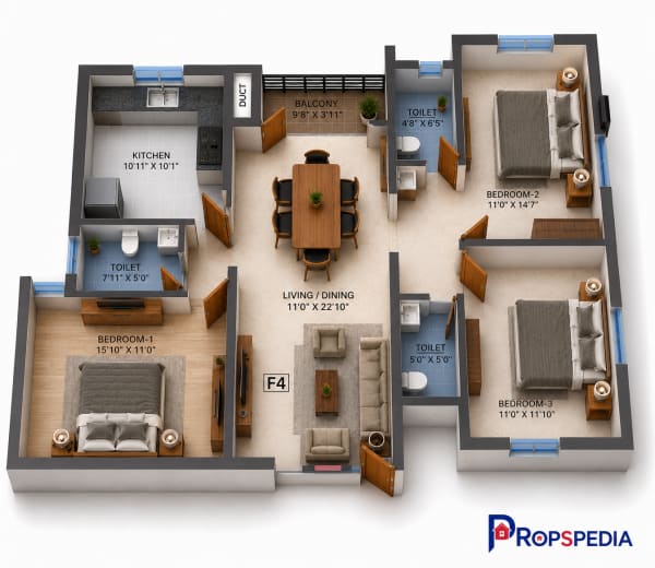 3 BHK Apartment floor plan — Navins Mayura Gardens