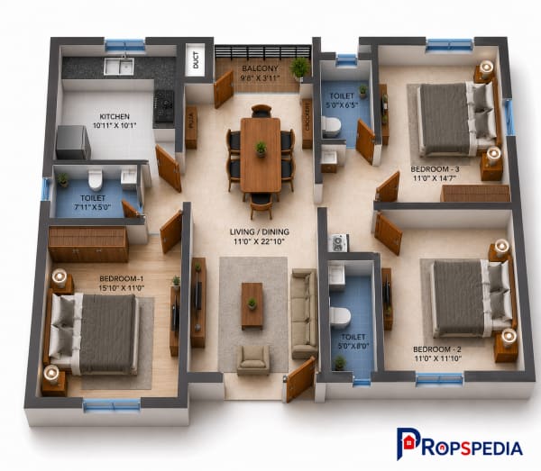 2 BHK Apartment floor plan — Navins Mayura Gardens