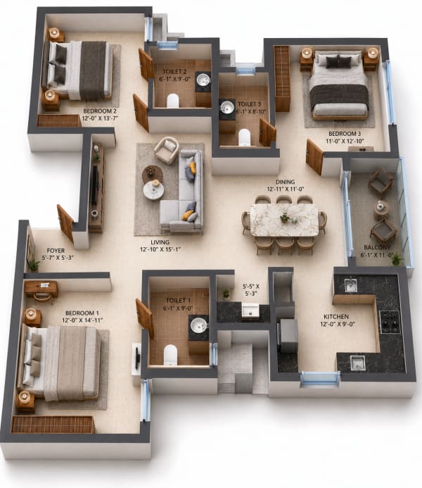 3 BHK Apartment floor plan — Radiance Eternity