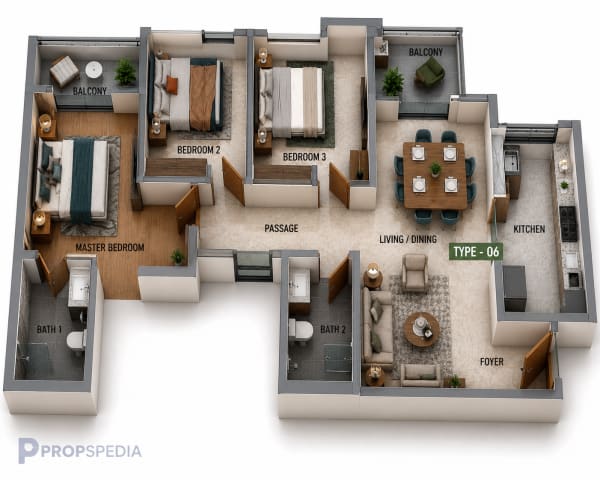 3 BHK Apartment floor plan — SIS Florida