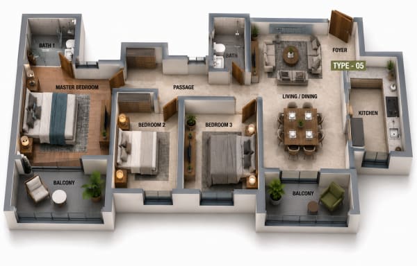 3 BHK Apartment floor plan — SIS Florida