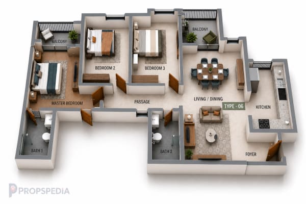 3 BHK Apartment floor plan — SIS Florida