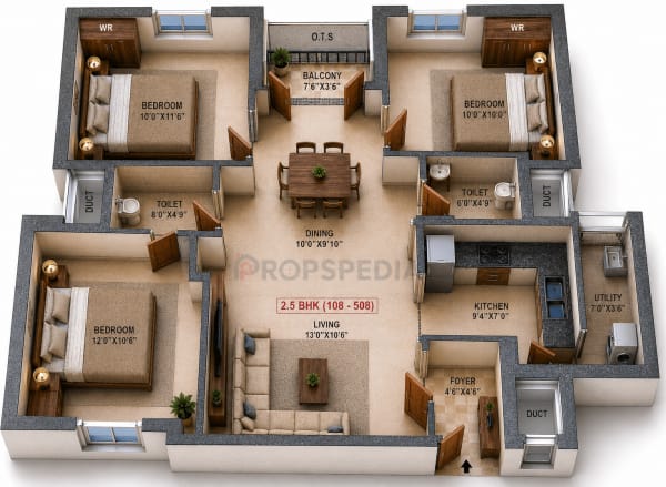 3 BHK Apartment floor plan — Malles Ahaana