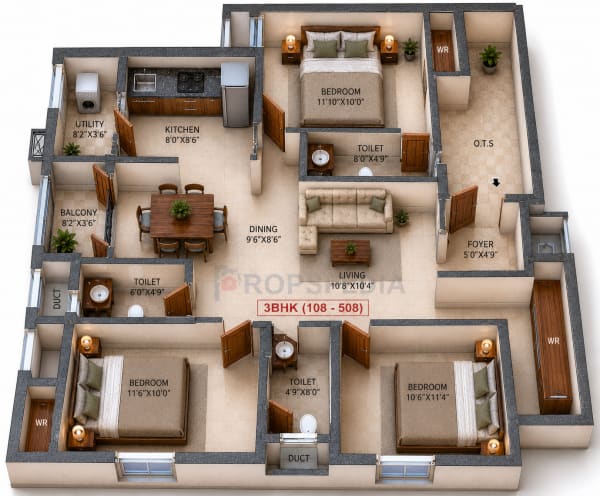 3 BHK Apartment floor plan — Malles Ahaana