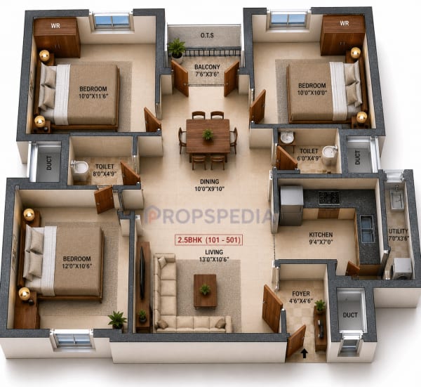 2.5 BHK Apartment floor plan — Malles Ahaana