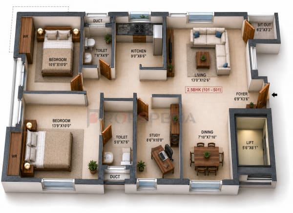 2.5 BHK Apartment floor plan — Malles Ahaana