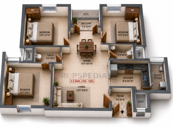 2.5 BHK Apartment floor plan — Malles Ahaana