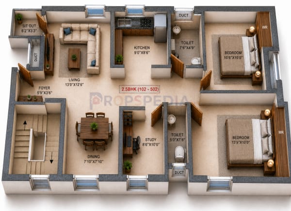 2.5 BHK Apartment floor plan — Malles Ahaana