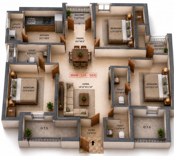 3 BHK Apartment floor plan — Malles Ahaana