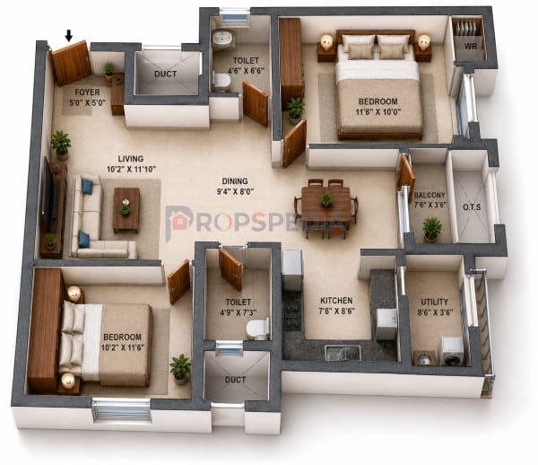 2 BHK Apartment floor plan — Malles Ahaana
