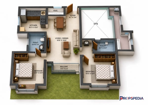 2 BHK Apartment floor plan