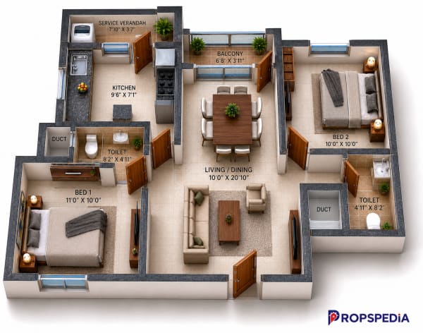 2 BHK Apartment floor plan