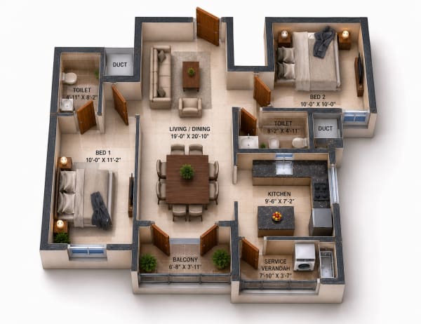 2 BHK Apartment floor plan