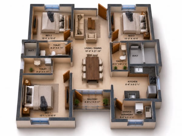 3 BHK Apartment floor plan — VGN Wincrest Towers