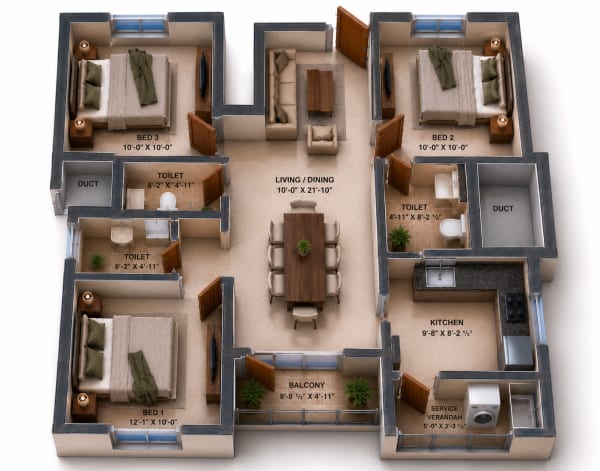 3 BHK Apartment floor plan — VGN Wincrest Towers