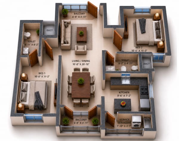 2 BHK Apartment floor plan