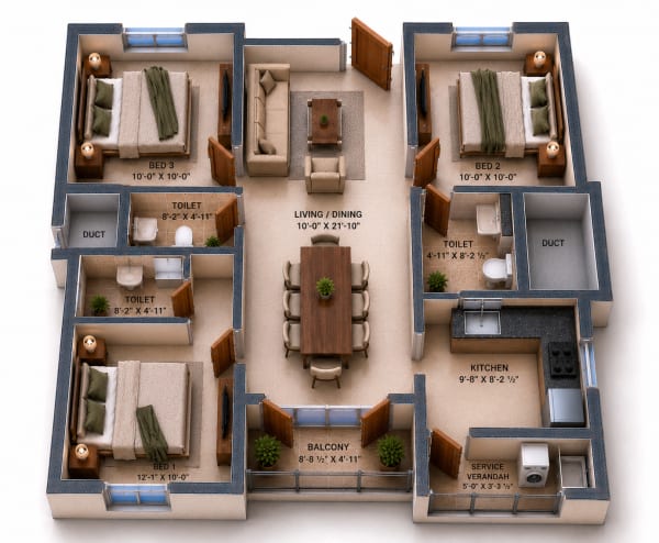 3 BHK Apartment floor plan — VGN Wincrest Towers