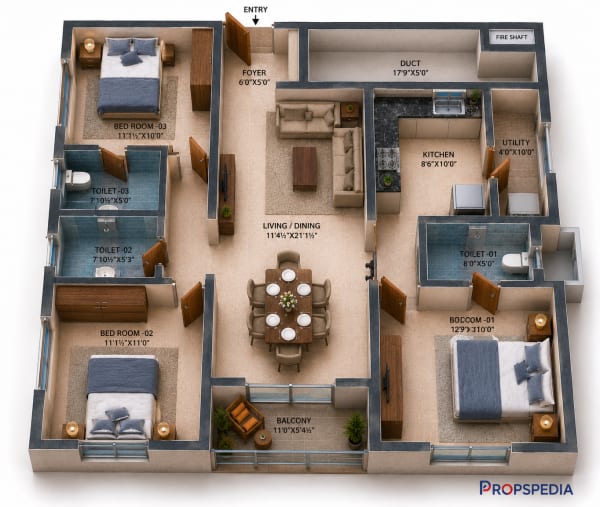 3 BHK Apartment floor plan — RWD Waterfront